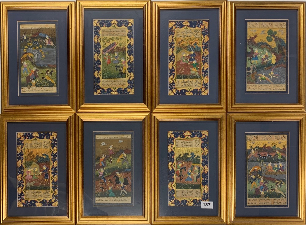 A superb set of eight framed Mughal watercolour, gilt and inked story panels, frame size 24.5 x