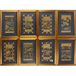 A superb set of eight framed Mughal watercolour, gilt and inked story panels, frame size 24.5 x