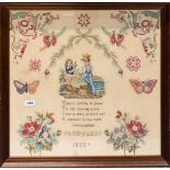 A framed mid 19th Century sampler by Jane Parks dated 1855, frame size 65 x 66cm.