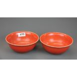 A pair of fine Chinese red glazed porcelain rice bowls, Dia. 16cm. D. 7cm.