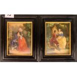 A pair of mid 19th century framed hand painted porcelain panels, frame size 17 x 20cm.