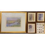 A frame of fly fishing hooks with a framed fly fishing print and three pencil signed hunting