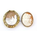 A yellow metal mounted cameo brooch/pendant surrounded by seed pearls together with a further yellow