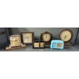 Two Art Deco bakelite electric mantle clocks and four others, H. 14.5cm.