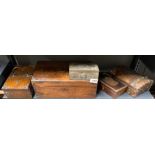 A Victorian rosewood veneered writing slope together with an oak smokers box and three others.