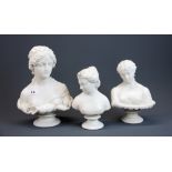 A 19th century Parianware bust of Clytie together with two other Parian busts, tallest 28.5cm.