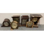 A group of six Victorian clocks and clock movements, tallest 34cm.