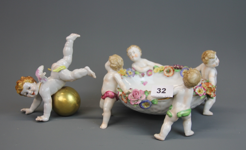 A group of 19th century and later porcelain cherub items. Condition: some repair. - Image 11 of 13