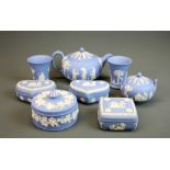 A quantity of blue Wedgwood jasper ware. Heart box A/F.