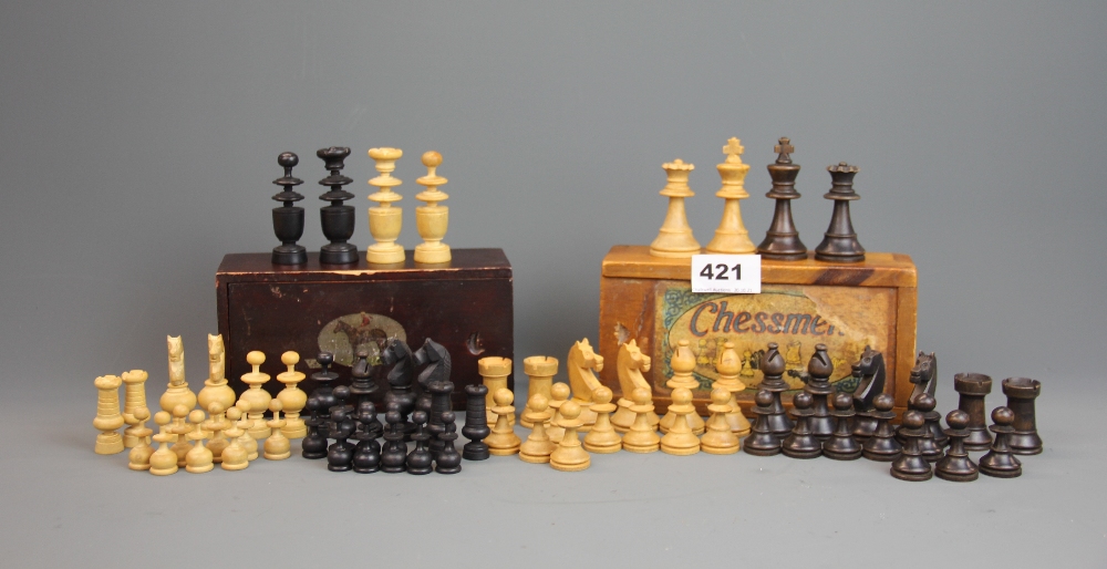 Two turned wooden chess sets, king H. 7cm.