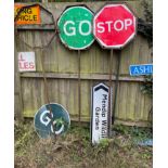 Three vintage stop/go poles and boards.