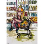 Sasha Neschastnova, "Queen of Auchan", ink and oil on paper, 42 x 59cm, c. 2020. This artwork is