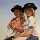 Stephanie Caeiro, "Portuguese girls", oil on canvas, 45 x 45cm, c. 2021. I painted two young girls