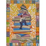 Jim Anderson, "Getting on top of the paperwork (the uses of literacy)", multi-coloured lino-cut