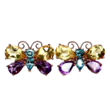 A pair of 925 silver rose gold gilt butterfly shaped earrings set with blue topaz, citrines and