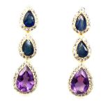 A pair of 925 silver gilt drop earrings set with pear cut sapphires and amethysts, L. 3.1cm.