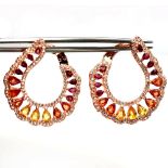 A pair of 925 silver rose gold gilt earrings set with pear cut fancy coloured sapphires and white