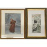 A framed 19th century print of a girl ice skating, together with a further Art Nouveau framed print,