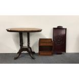 A Victorian inlaid oval side table together with a hardwood wall cabinet and a oriental hardwood