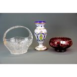 A Bohemian painted and cut glass vase, together with a cut crystal bowl and basket. Vase H. 26cm.