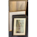 Three framed horse racing prints, frame size 38 x 48cm. Together with a pencil sketch of the