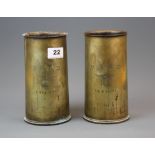 A pair of First World War brass shell cases engraved to commemorate battles at Laventie and La