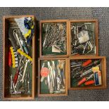 A wooden case with eight small drawers and small tool contents, case size 46 x 21 x 33cm.