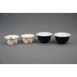Two pairs of Chinese hand painted porcelain tea bowls, largest Dia. 9.5cm.
