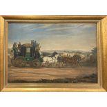 An 18th century, later gilt framed oil on wooden panel of a mail coach and horses, frame size 42 x