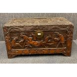 A camphorwood lined oriental carved teak chest, 98 x 49 x 54cm.