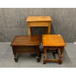 Two small oak tables and a carved oak workbox, largest 46 x 30 x 67cm.