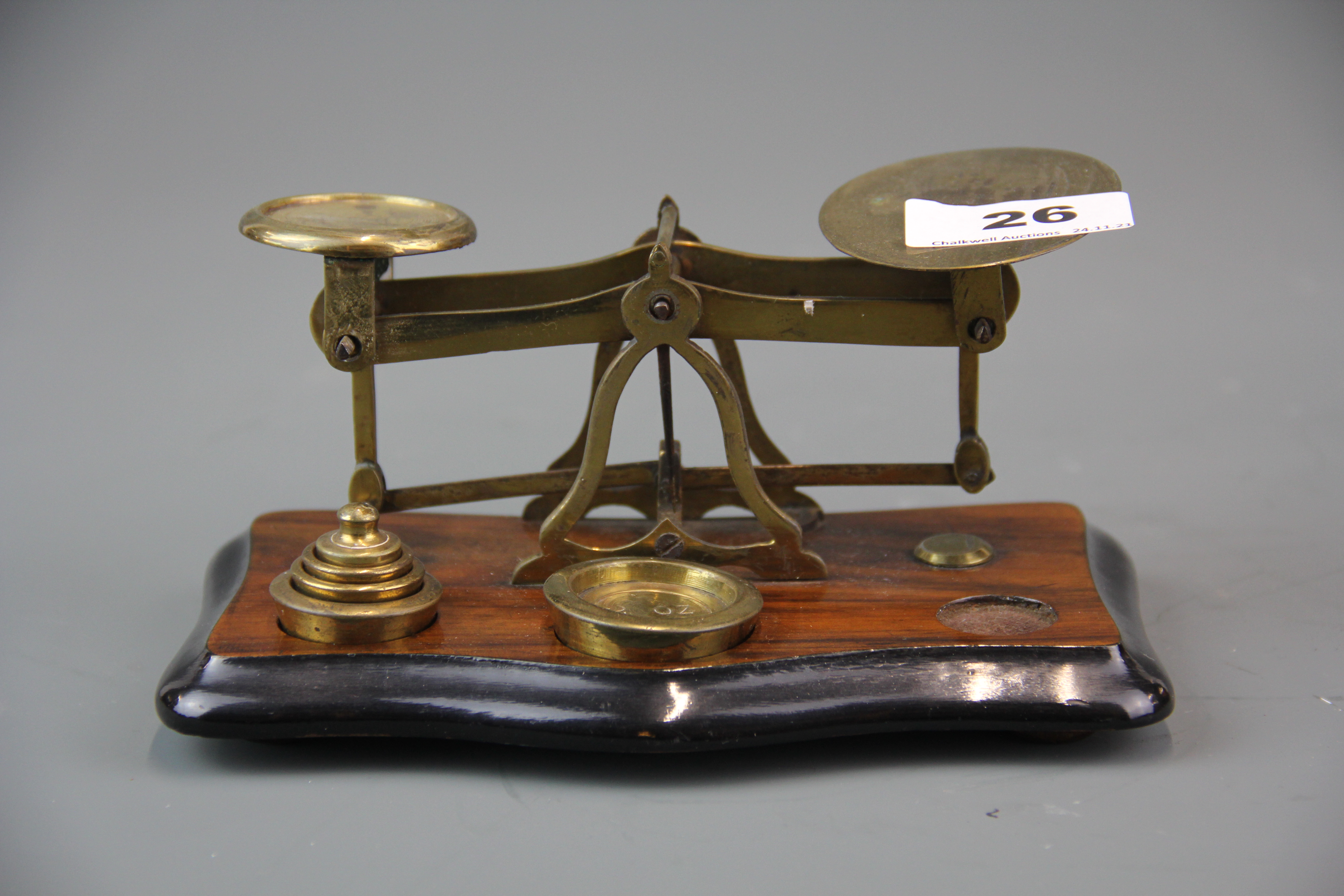 An antique post office scale and weights, L. 17cm.