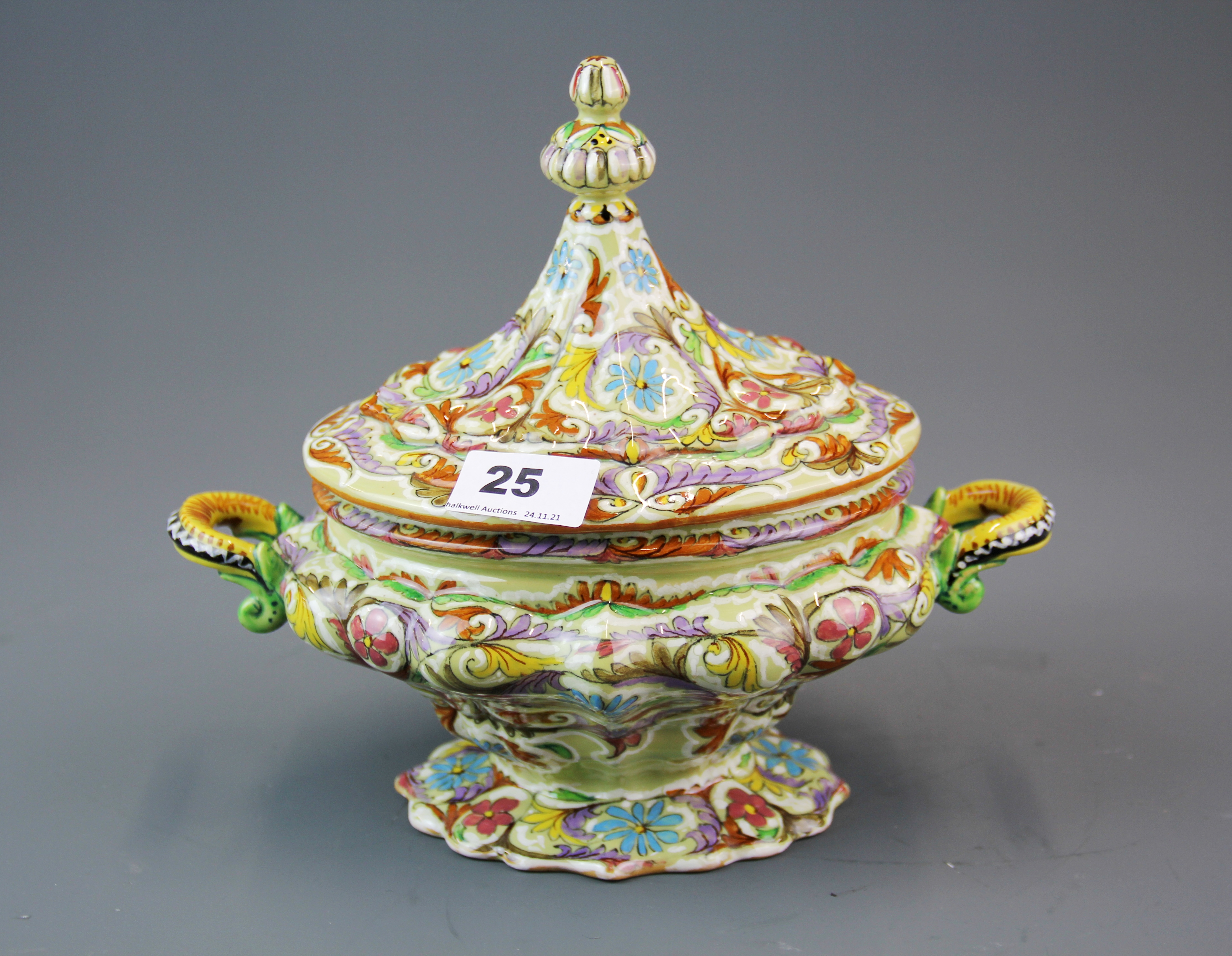 A Continental majolica tureen and cover, L. 25cm. H. 22cm.