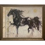 A large gilt finished framed print of a horse, frame size 113 x 88cm.