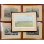 A framed set of four 1839 coloured engravings of the First Steeple Chase on record, frame size 52