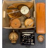 A leather cased manicure set and a group of 1970's wooden items.