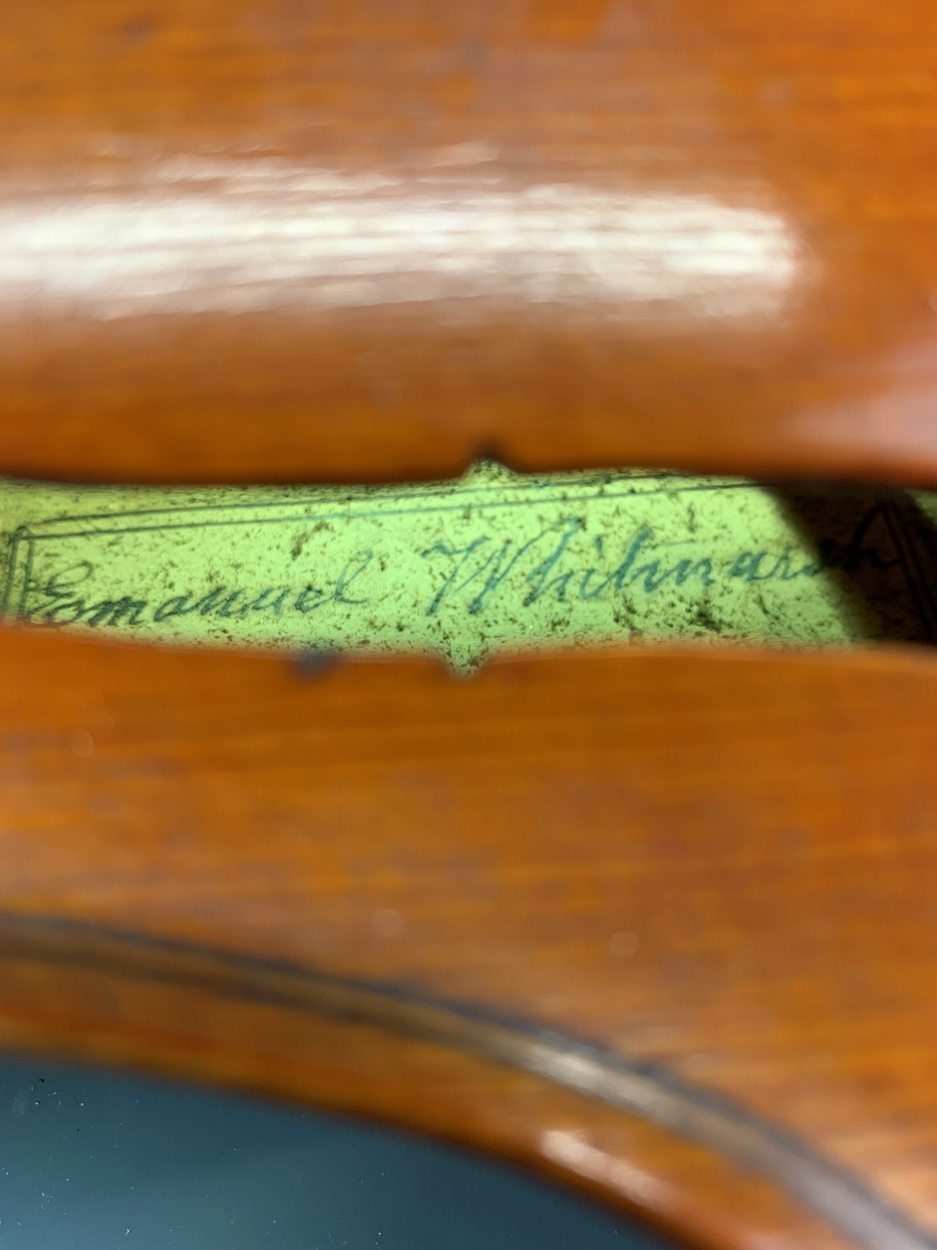 An antique cased violin with three bows, with a hand written label reading Emanuel Whitmarsh, London - Image 4 of 9
