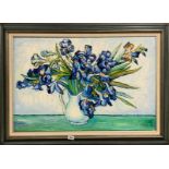 A large framed oil on canvas of Iris' signed Gilbert, frame size 108 x 78cm.