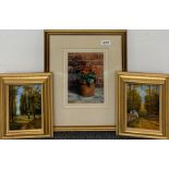 A gilt framed oil behind glass signed Trevett, together with two small gilt framed oils on board,