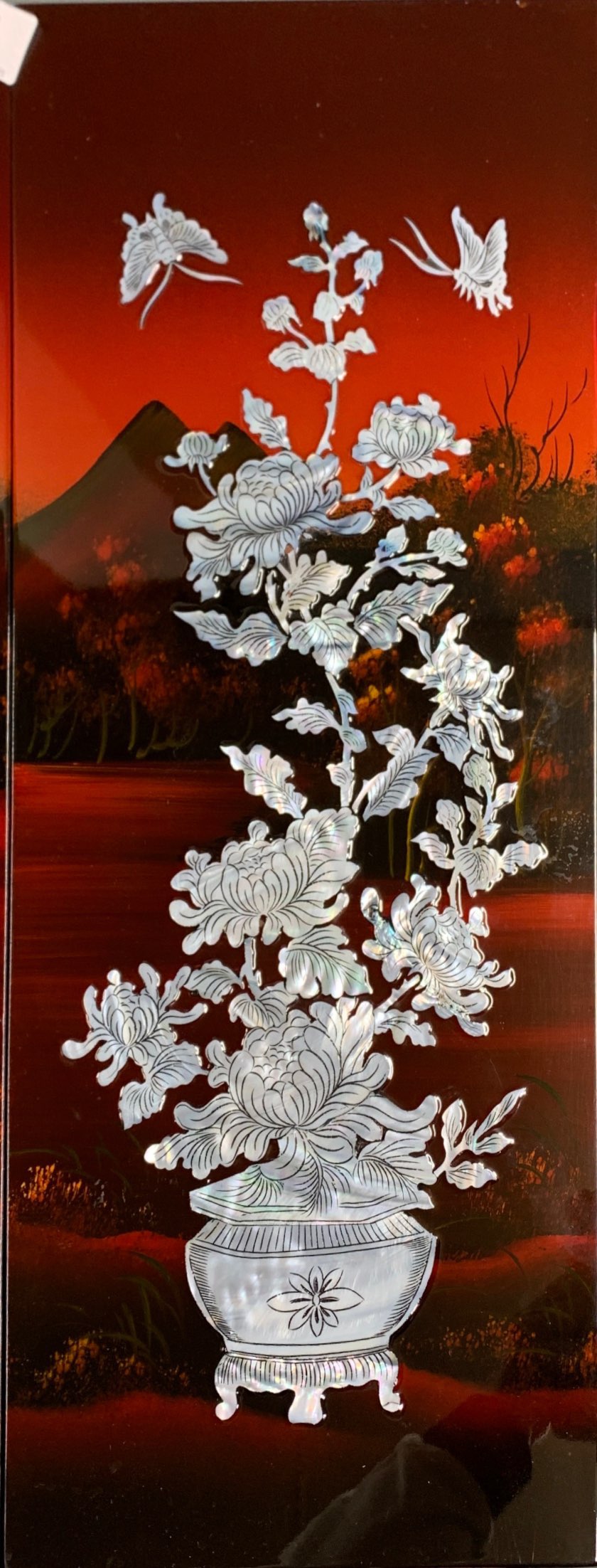 A pair of oriental mother of pearl and lacquer panels, H. 49cm. - Image 3 of 3