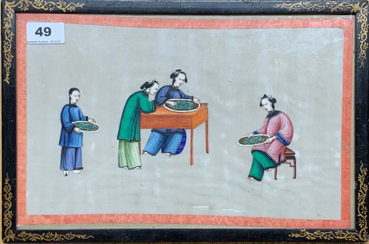 A Chinese 19th/early 20th century watercolour on rice paper of ladies feeding silk worms, three of