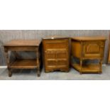 A carved oak hall cabinet, corner cabinet and trolley, hall cabinet size 75 x 33 x 72cm.