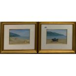 E. Bartoli, a pair of gilt framed oils behind glass of beach scenes, frame size 36 x 31cm.