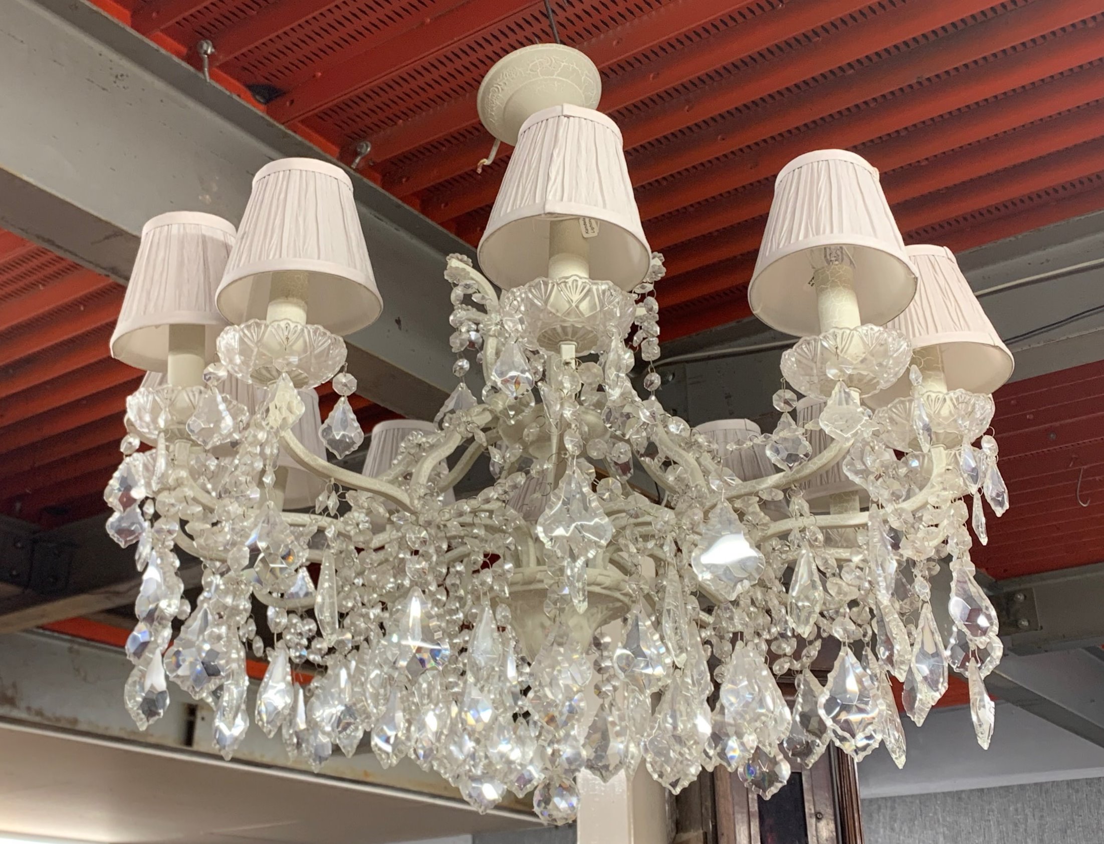 A large twelve branch metal and crystal drop chandelier light fitting, Dia. 82cm, D. 76cm. - Image 2 of 2