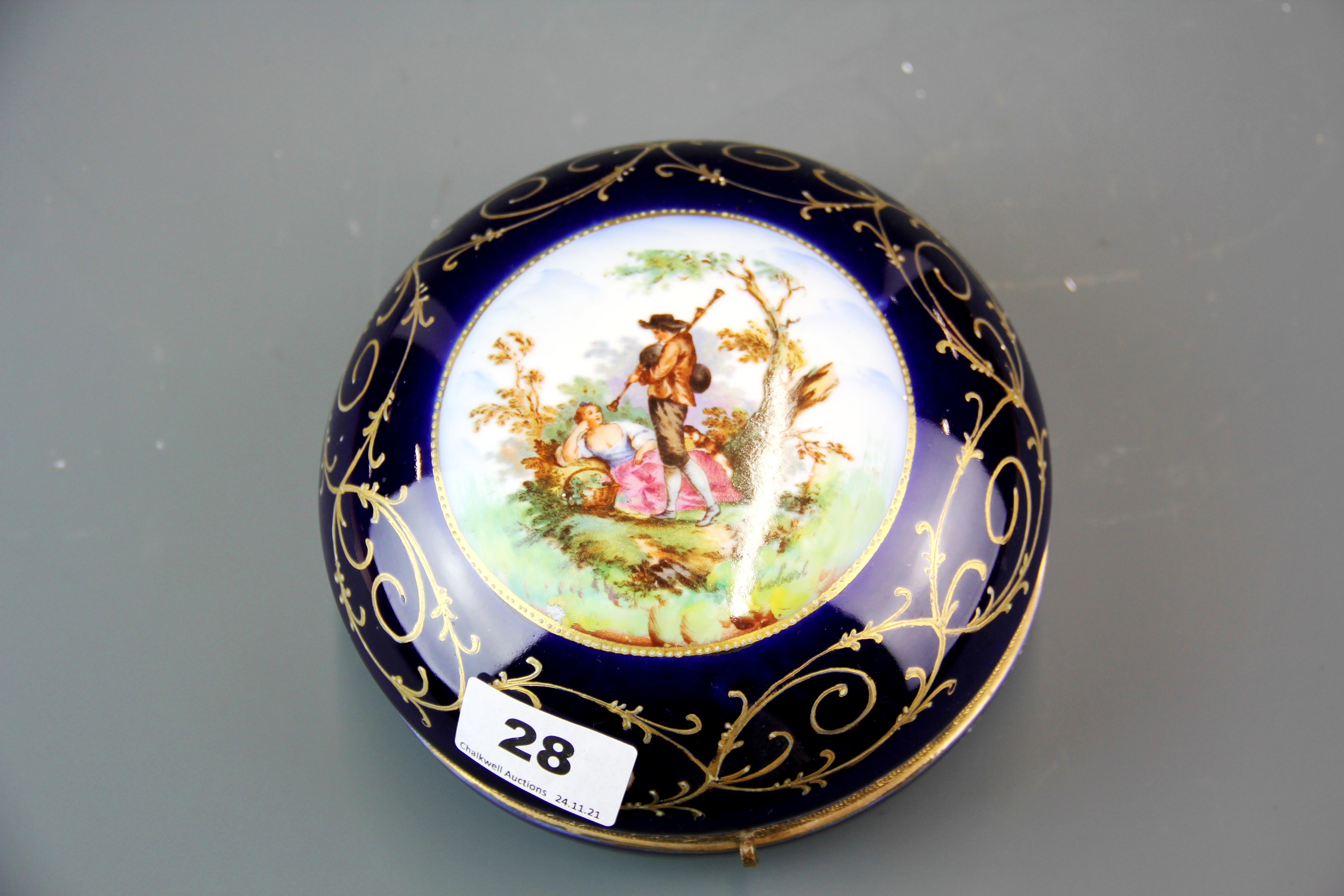 A 19th century gilt mounted and hand painted porcelain box, Dia. 16cm. - Image 2 of 4