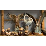 Three large resin figures of birds, H. 46cm. Together with a set of Goebel monks.
