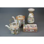 A Chinese Canton enamelled porcelain box, together with a Chinese porcelain vase and two teapots,