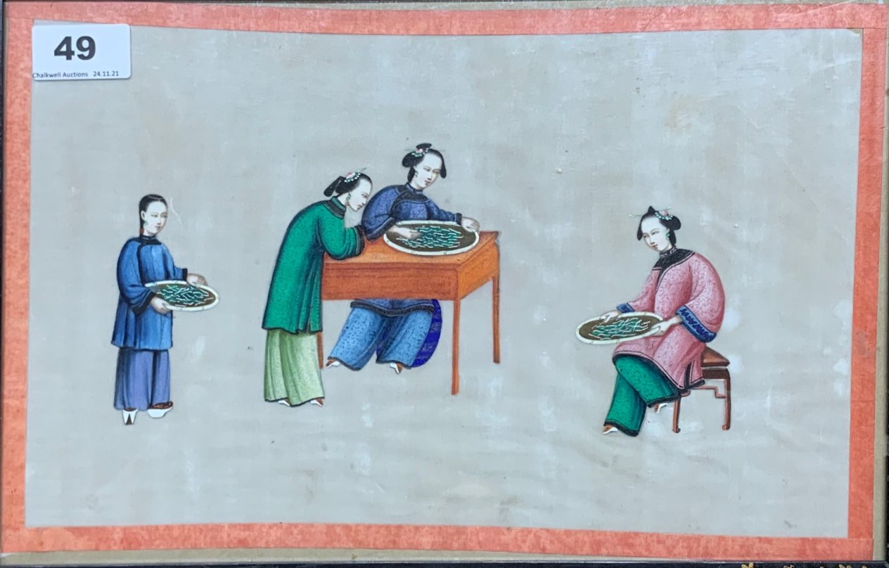 A Chinese 19th/early 20th century watercolour on rice paper of ladies feeding silk worms, three of - Image 2 of 2