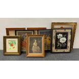 A group of framed paintings and prints, largest frame size 52 x 63cm.