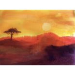 Ali Wright, "African Sunset", mounted on white board acrylic inks on 300lb Saunders Waterford